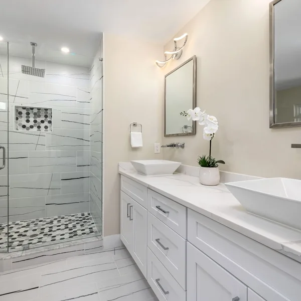 Full bathroom renovation with marble tile, Trumbull CT