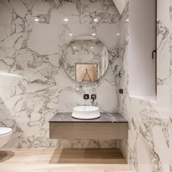 Large-format tile floor in an open living space, Shelton CT