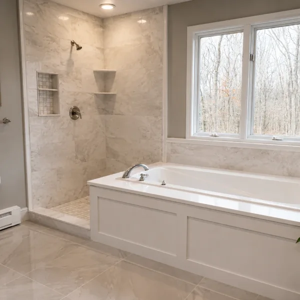 White marble bathroom remodel with walk-in shower and tub, Fairfield County CT
