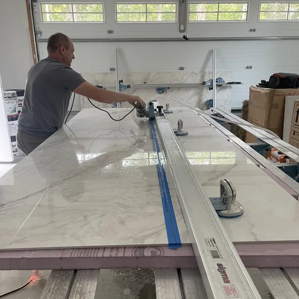 Cross Tiles craftsman fabricating a large porcelain slab, Connecticut