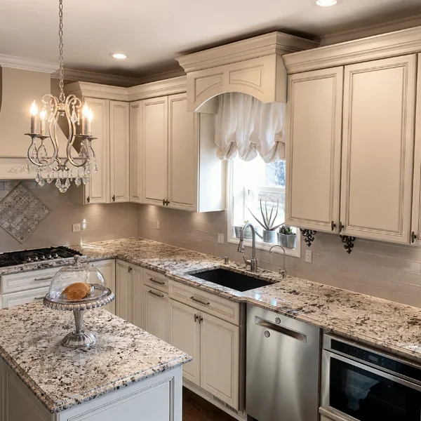 Kitchen with granite counters and custom tile backsplash, Fairfield County CT