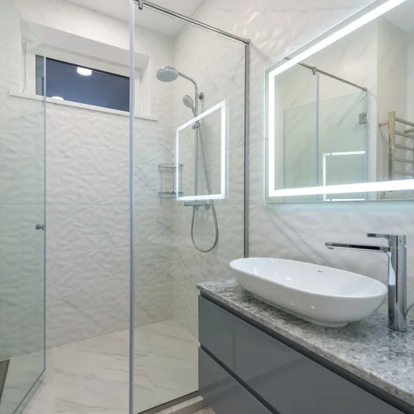 Curbless shower with floating bench and linear drain, Norwalk CT
